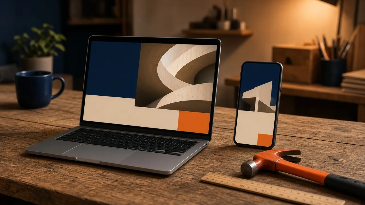 Illustration: Laptop und Smartphone mit Website-Entwürfen auf einer hölzernen Werkbank, daneben ein oranger Hammer