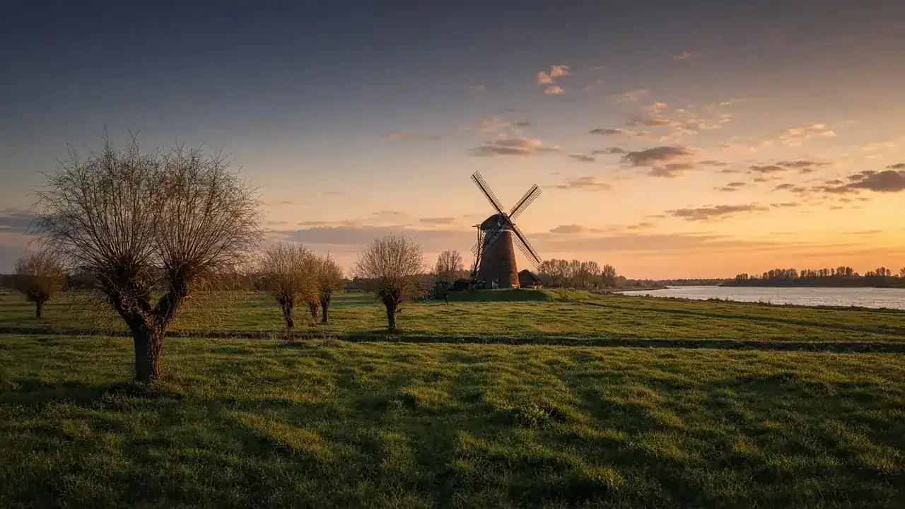 Illustration: Niederrhein-Landschaft mit Windmühle, Kopfweiden und Fluss im Abendlicht
